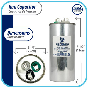 Appli Parts Dual Run Capacitor for ac 80+5 Mfd uF (microfarads) 370VAC or 450VAC CBB65 Round Universal fit for hvac and other applications 5-1/2 in High 2-1/4 in Wide CON-80/5-450 Appli Parts Dual Run Capacitor for ac 80+5 Mfd uF (microfarads) 370VAC or 450VAC CBB65 Round Universal fit for hvac and other applications 5-1/2 in High 2-1/4 in Wide CON-80/5-450