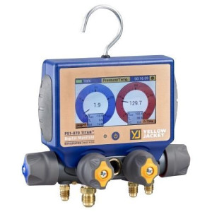 TITAN Digital Manifold P51-870 4-Valve with backlit digital display and Bluetooth Capabilities to connect to Mantooh App, included vacuum sensor, 4 pak hoses, two temperature clamps