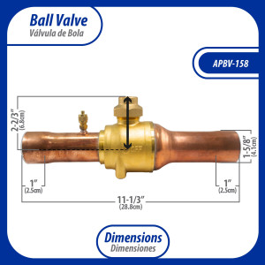 Appli Parts APBV-158 1-5/8 in Shut Off Ball Valve ODF Universal Replacement 610 psi (4.2 Mpa) max pressure -22 F to 248 F work temperature with 1/4 in SAE service port, with 11-1/3 in overall length Appli Parts APBV-158 1-5/8 in Shut Off Ball Valve ODF Universal Replacement 610 psi (4.2 Mpa) max pressure -22 F to 248 F work temperature with 1/4 in SAE service port, with 11-1/3 in overall length