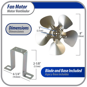 Appli Parts APFM-51E 5W refrigeration condenser and evaporator motor 115V 60Hz 0.4A 1450rpm includes base and 8in aluminum Fan Blade CCW shaft end Universal fit Appli Parts APFM-51E 5W refrigeration condenser and evaporator motor 115V 60Hz 0.4A 1450rpm includes base and 8in aluminum Fan Blade CCW shaft end Universal fit