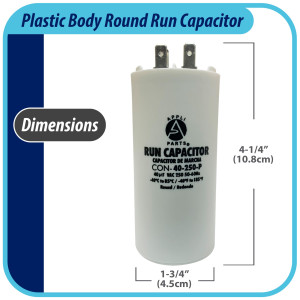 Appli Parts Run Capacitor for electric motors 40 Mfd uF (microfarads) 250VAC Plastic Case with terminals CBB60 Round Universal fit water pumps and others 4-1/4 in High 1-3/4 in Wide CON-40-250-P Appli Parts Run Capacitor for electric motors 40 Mfd uF (microfarads) 250VAC Plastic Case with terminals CBB60 Round Universal fit water pumps and others 4-1/4 in High 1-3/4 in Wide CON-40-250-P