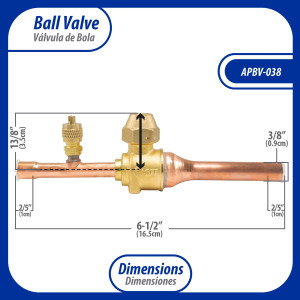 Appli Parts APBV-038 3/8 in Shut Off Ball Valve ODF Universal Replacement 610 psi (4.2 Mpa) max pressure -22 F to 248 F work temperature with 1/4 in SAE service port, with 6-1/2 in overall length Appli Parts APBV-038 3/8 in Shut Off Ball Valve ODF Universal Replacement 610 psi (4.2 Mpa) max pressure -22 F to 248 F work temperature with 1/4 in SAE service port, with 6-1/2 in overall length