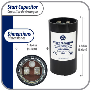 Appli Parts motor start capacitor 189-227 Mfd (microfarads) uF 330 VAC universal fit for electric motor applications 1-3/4 in Wide 3-3/8 in Height CON-189-330
 Appli Parts motor start capacitor 189-227 Mfd (microfarads) uF 330 VAC universal fit for electric motor applications 1-3/4 in Wide 3-3/8 in Height CON-189-330
