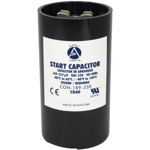 Appli Parts motor start capacitor 189-227 Mfd (microfarads) uF 330 VAC universal fit for electric motor applications 1-3/4 in Wide 3-3/8 in Height CON-189-330
 Appli Parts motor start capacitor 189-227 Mfd (microfarads) uF 330 VAC universal fit for electric motor applications 1-3/4 in Wide 3-3/8 in Height CON-189-330