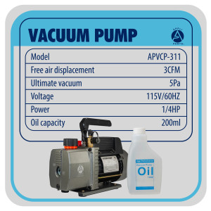 Appli Parts APVCP-311 1/4HP 115V Refrigeration Vacuum Pump 3.0 CFM 1 Stage, 60 Hz, for Heating Air Conditioning and Refrigeration Systems for Home and Auto Applications  Appli Parts APVCP-311 1/4HP 115V Refrigeration Vacuum Pump 3.0 CFM 1 Stage, 60 Hz, for Heating Air Conditioning and Refrigeration Systems for Home and Auto Applications
