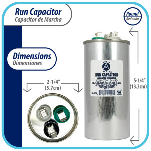 Appli Parts Dual Run Capacitor for ac 70+10 Mfd uF (microfarads) 370VAC or 450VAC CBB65 Round Universal fit for hvac and other applications 5-1/4 in High 2-1/4 in Wide CON-70/10-450 Appli Parts Dual Run Capacitor for ac 70+10 Mfd uF (microfarads) 370VAC or 450VAC CBB65 Round Universal fit for hvac and other applications 5-1/4 in High 2-1/4 in Wide CON-70/10-450