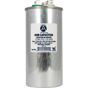 Appli Parts Dual Run Capacitor for ac 70+10 Mfd uF (microfarads) 370VAC or 450VAC CBB65 Round Universal fit for hvac and other applications 5-1/4 in High 2-1/4 in Wide CON-70/10-450 Appli Parts Dual Run Capacitor for ac 70+10 Mfd uF (microfarads) 370VAC or 450VAC CBB65 Round Universal fit for hvac and other applications 5-1/4 in High 2-1/4 in Wide CON-70/10-450