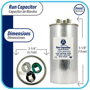 Appli Parts Dual Run Capacitor for ac 65+5 Mfd uF (microfarads) 370VAC or 450VAC CBB65 Round Universal fit for hvac and other applications 5-1/8 in High 2-1/4 in Wide CON-65/5-450 Appli Parts Dual Run Capacitor for ac 65+5 Mfd uF (microfarads) 370VAC or 450VAC CBB65 Round Universal fit for hvac and other applications 5-1/8 in High 2-1/4 in Wide CON-65/5-450
