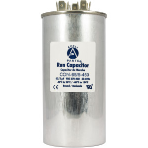 Appli Parts Dual Run Capacitor for ac 65+5 Mfd uF (microfarads) 370VAC or 450VAC CBB65 Round Universal fit for hvac and other applications 5-1/8 in High 2-1/4 in Wide CON-65/5-450 Appli Parts Dual Run Capacitor for ac 65+5 Mfd uF (microfarads) 370VAC or 450VAC CBB65 Round Universal fit for hvac and other applications 5-1/8 in High 2-1/4 in Wide CON-65/5-450