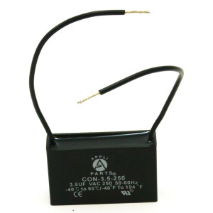 Appli Parts Fan Capacitor 3.5 mfd (microfarads) uf 250 VAC with 2 Wire Terminal Connections compatible with any brand with same capacitance 1-7/8in Width 1/2in Depth 1-1/8in Height CAP-3.5-250-2C Appli Parts Fan Capacitor 3.5 mfd (microfarads) uf 250 VAC with 2 Wire Terminal Connections compatible with any brand with same capacitance 1-7/8in Width 1/2in Depth 1-1/8in Height CAP-3.5-250-2C