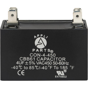 Appli Parts CAP-4-450 Fan Capacitor 4 mfd (microfarads) uf 450 VAC with 4 Terrminal Connections compatible with any brand within the same range of capacitance 1-7/8in Width 3/4in Depth 1-1/2in Height