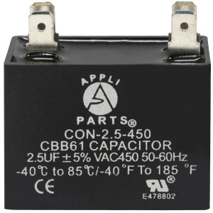 Appli Parts Fan Capacitor 2.5 mfd (microfarads) uf 450 VAC 4 Terminal Connections compatible with any brand within the same range of capacitance 1-1/2in Width 3/4in Depth 1-1/2in Height CAP-2.5-450 Appli Parts Fan Capacitor 2.5 mfd (microfarads) uf 450 VAC 4 Terminal Connections compatible with any brand within the same range of capacitance 1-1/2in Width 3/4in Depth 1-1/2in Height CAP-2.5-450