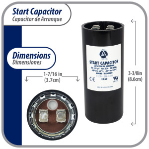 Appli Parts motor start capacitor 80-108 Mfd (microfarads) uF 330 VAC universal fit for electric motor applications 1-7/16 in Wide 3-3/8 in Height CON-88-330
 Appli Parts motor start capacitor 80-108 Mfd (microfarads) uF 330 VAC universal fit for electric motor applications 1-7/16 in Wide 3-3/8 in Height CON-88-330