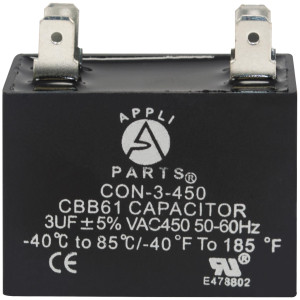Appli Parts Fan Capacitor 3 mfd (microfarads) uf 450 VAC with 4 Terminal Connections compatible with any brand within the same range of capacitance 1-1/2in Width 3/4in Depth 1-1/2in Height CAP-3-450 Appli Parts Fan Capacitor 3 mfd (microfarads) uf 450 VAC with 4 Terminal Connections compatible with any brand within the same range of capacitance 1-1/2in Width 3/4in Depth 1-1/2in Height CAP-3-450