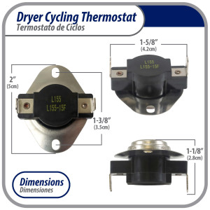 Appli Parts APTD-L155 Cycling thermostat L155-15F universal replacement for multiple brand dryers older commercial models only 2 connections replaces 60T11, D501759 Appli Parts APTD-L155 Cycling thermostat L155-15F universal replacement for multiple brand dryers older commercial models only 2 connections replaces 60T11, D501759