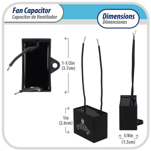 Appli Parts Fan Capacitor 2 mfd (microfarads) uf 250 VAC with 2 Wire Terminal Connections compatible with any brand with same capacitance 1-1/2in Width 5/8in Depth 1in Height CAP-2-250-2C Appli Parts Fan Capacitor 2 mfd (microfarads) uf 250 VAC with 2 Wire Terminal Connections compatible with any brand with same capacitance 1-1/2in Width 5/8in Depth 1in Height CAP-2-250-2C