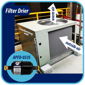 Appli Parts APFD-033S 3/8 in Liquid Line Refrigerant AC Filter Drier hvac Refrigeration 033S ODF Sweat Solder connection universal unidirectional 4-1/2 in long 1-3/4 in wide