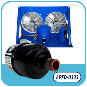 Appli Parts APFD-033S 3/8 in Liquid Line Refrigerant AC Filter Drier hvac Refrigeration 033S ODF Sweat Solder connection universal unidirectional 4-1/2 in long 1-3/4 in wide