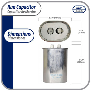 Appli Parts Run Capacitor for ac 20 Mfd uF (microfarads) 370VAC CBB65 Oval Universal fit for hvac and other applications in 2-3/4 in Wide 1-3/4 in Depth 4-1/4 in Height CON-20-370
 Appli Parts Run Capacitor for ac 20 Mfd uF (microfarads) 370VAC CBB65 Oval Universal fit for hvac and other applications in 2-3/4 in Wide 1-3/4 in Depth 4-1/4 in Height CON-20-370
