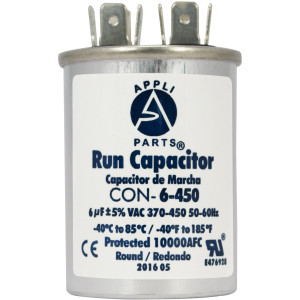 Appli Parts Run Capacitor for ac 6 Mfd uF (microfarads) 370 VAC or 450 VAC CBB65 Round Universal fit for hvac and other applications 2-1/2 in High 1-1/2 in Wide CON-6-450 Appli Parts Run Capacitor for ac 6 Mfd uF (microfarads) 370 VAC or 450 VAC CBB65 Round Universal fit for hvac and other applications 2-1/2 in High 1-1/2 in Wide CON-6-450