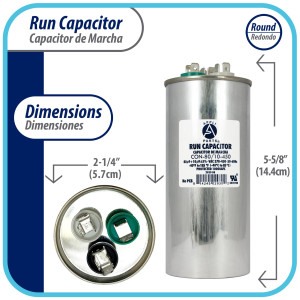 Appli Parts Dual Run Capacitor for ac 80+10 Mfd uF (microfarads) 370VAC or 450VAC CBB65 Round Universal fit for hvac and other applications 5-5/8 in High 2-1/4 in Wide CON-80/10-450 Appli Parts Dual Run Capacitor for ac 80+10 Mfd uF (microfarads) 370VAC or 450VAC CBB65 Round Universal fit for hvac and other applications 5-5/8 in High 2-1/4 in Wide CON-80/10-450