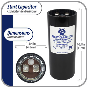 Appli Parts CON-1000-110 Motor Start Capacitor 1000-1200 MFD uF, 110-125 VAC. Universal for Electric Motor Applications, 1.75 in Wide, 4.38 in Height