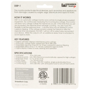 Wagner DSP-1 Digital Single Phase Monitor digital 90 to 300 Volts Input 18 to 250 Vac DSP-1 
Intertek 3190890