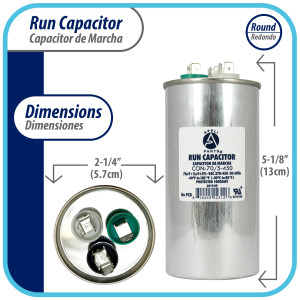 Appli Parts Dual Run Capacitor for ac 70+5 Mfd uF (microfarads) 370VAC or 450VAC CBB65 Round Universal fit for hvac and other applications 5-1/8 in High 2-1/4 in Wide CON-70/5-450 Appli Parts Dual Run Capacitor for ac 70+5 Mfd uF (microfarads) 370VAC or 450VAC CBB65 Round Universal fit for hvac and other applications 5-1/8 in High 2-1/4 in Wide CON-70/5-450