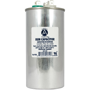 Appli Parts Dual Run Capacitor for ac 70+5 Mfd uF (microfarads) 370VAC or 450VAC CBB65 Round Universal fit for hvac and other applications 5-1/8 in High 2-1/4 in Wide CON-70/5-450 Appli Parts Dual Run Capacitor for ac 70+5 Mfd uF (microfarads) 370VAC or 450VAC CBB65 Round Universal fit for hvac and other applications 5-1/8 in High 2-1/4 in Wide CON-70/5-450