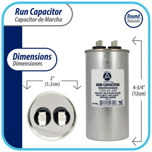 Appli Parts Run Capacitor for ac 65 Mfd uF (microfarads) 370 VAC or 450 VAC CBB65 Round Universal fit for hvac and other applications 4-3/4 in High 2 in Wide CON-65-450 Appli Parts Run Capacitor for ac 65 Mfd uF (microfarads) 370 VAC or 450 VAC CBB65 Round Universal fit for hvac and other applications 4-3/4 in High 2 in Wide CON-65-450