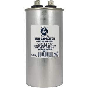 Appli Parts Run Capacitor for ac 65 Mfd uF (microfarads) 370 VAC or 450 VAC CBB65 Round Universal fit for hvac and other applications 4-3/4 in High 2 in Wide CON-65-450 Appli Parts Run Capacitor for ac 65 Mfd uF (microfarads) 370 VAC or 450 VAC CBB65 Round Universal fit for hvac and other applications 4-3/4 in High 2 in Wide CON-65-450