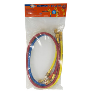 Uniweld EZ3HS Manifold Hoses 36in Red and Blue with EZ Turn Yellow with Ball Valve CFC/HCFC/HFC R410 Anti-Blowback fitting with Soft Magic Barrier hose set Uniweld EZ3HS Manifold Hoses 36in Red and Blue with EZ Turn Yellow with Ball Valve CFC/HCFC/HFC R410 Anti-Blowback fitting with Soft Magic Barrier hose set