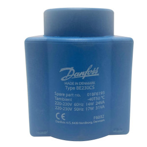 Danfoss 018F6193 Solenoid Coil 220-230 V, 60 Hz, 14 W, 50 Hz, 17 W, IP20, BE230CS, DIN Spade Danfoss 018F6193 Solenoid Coil 220-230 V, 60 Hz, 14 W, 50 Hz, 17 W, IP20, BE230CS, DIN Spade