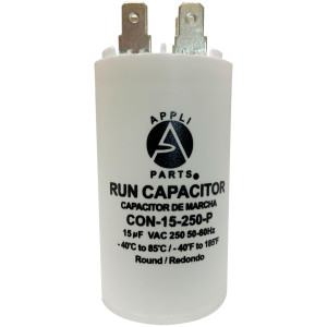 Appli Parts Run Capacitor for electric motors 15 Mfd uF (microfarads) 250VAC Plastic Case with terminals CBB60 Round Universal fit water pumps and others 3 in High 1-3/8 in Wide CON-15-250-P Appli Parts Run Capacitor for electric motors 15 Mfd uF (microfarads) 250VAC Plastic Case with terminals CBB60 Round Universal fit water pumps and others 3 in High 1-3/8 in Wide CON-15-250-P