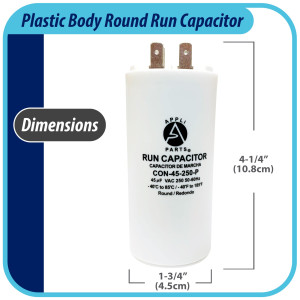 Appli Parts Run Capacitor for electric motors 45 Mfd uF (microfarads) 250VAC Plastic Case with terminals CBB60 Round Universal fit water pumps and others 4-1/4 in High 1-3/4 in Wide CON-45-250-P
 Appli Parts Run Capacitor for electric motors 45 Mfd uF (microfarads) 250VAC Plastic Case with terminals CBB60 Round Universal fit water pumps and others 4-1/4 in High 1-3/4 in Wide CON-45-250-P