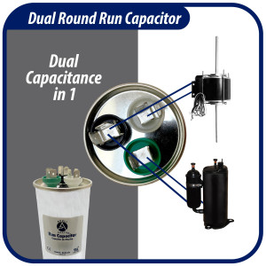 Appli Parts Dual Run Capacitor for ac 40+5 Mfd uF (microfarads) 370 VAC or 450 VAC CBB65 Round Universal fit for hvac and other applications 4-3/4 in High 2 in Wide CON-40/5-450 Appli Parts Dual Run Capacitor for ac 40+5 Mfd uF (microfarads) 370 VAC or 450 VAC CBB65 Round Universal fit for hvac and other applications 4-3/4 in High 2 in Wide CON-40/5-450