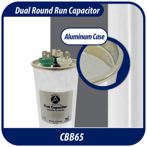 Appli Parts Dual Run Capacitor for ac 40+5 Mfd uF (microfarads) 370 VAC or 450 VAC CBB65 Round Universal fit for hvac and other applications 4-3/4 in High 2 in Wide CON-40/5-450 Appli Parts Dual Run Capacitor for ac 40+5 Mfd uF (microfarads) 370 VAC or 450 VAC CBB65 Round Universal fit for hvac and other applications 4-3/4 in High 2 in Wide CON-40/5-450
