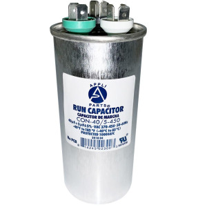 Appli Parts Dual Run Capacitor for ac 40+5 Mfd uF (microfarads) 370 VAC or 450 VAC CBB65 Round Universal fit for hvac and other applications 4-3/4 in High 2 in Wide CON-40/5-450 Appli Parts Dual Run Capacitor for ac 40+5 Mfd uF (microfarads) 370 VAC or 450 VAC CBB65 Round Universal fit for hvac and other applications 4-3/4 in High 2 in Wide CON-40/5-450