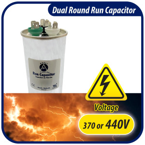 Appli Parts Dual Run Capacitor for ac 40+5 Mfd uF (microfarads) 370 VAC or 450 VAC CBB65 Round Universal fit for hvac and other applications 4-3/4 in High 2 in Wide CON-40/5-450 Appli Parts Dual Run Capacitor for ac 40+5 Mfd uF (microfarads) 370 VAC or 450 VAC CBB65 Round Universal fit for hvac and other applications 4-3/4 in High 2 in Wide CON-40/5-450