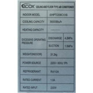 Ceiling/Floor 36.000btu Compatible with R410A, 230v/60hz/1ph Ecox Inverter EIHPTC036CXXB (Only With Eihcu036cxxb)