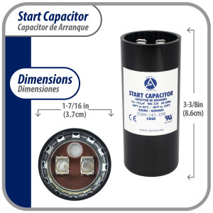 Appli Parts motor start capacitor 161-193 Mfd (microfarads) uF 330 VAC universal fit for electric motor applications 1-7/16 in Wide 3-3/8 in Height CON-161-330
 Appli Parts motor start capacitor 161-193 Mfd (microfarads) uF 330 VAC universal fit for electric motor applications 1-7/16 in Wide 3-3/8 in Height CON-161-330