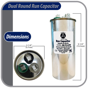 Appli Parts Dual Run Capacitor for ac 55+7.5 Mfd uF (microfarads) 370VAC CBB65 Round Universal fit for hvac and other applications 5-1/4in Height 2-1/4in Wide CON-55/7.5-370-R
 Appli Parts Dual Run Capacitor for ac 55+7.5 Mfd uF (microfarads) 370VAC CBB65 Round Universal fit for hvac and other applications 5-1/4in Height 2-1/4in Wide CON-55/7.5-370-R