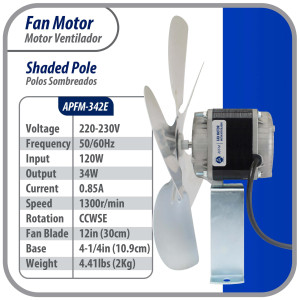 Appli Parts APFM-342E 34W refrigeration condenser and evaporator motor 220V 60Hz 1.2A 1300rpm includes base and 12in aluminum Fan Blade CCW shaft end Universal fit Appli Parts APFM-342E 34W refrigeration condenser and evaporator motor 220V 60Hz 1.2A 1300rpm includes base and 12in aluminum Fan Blade CCW shaft end Universal fit
