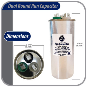 Appli Parts Dual Run Capacitor for ac 60+7.5 Mfd uF (microfarads) 370VAC CBB65 Round Universal fit for hvac and other applications 2-1/8 in Wide 5-3/8 in Height CON-60/7.5-370-R
 Appli Parts Dual Run Capacitor for ac 60+7.5 Mfd uF (microfarads) 370VAC CBB65 Round Universal fit for hvac and other applications 2-1/8 in Wide 5-3/8 in Height CON-60/7.5-370-R