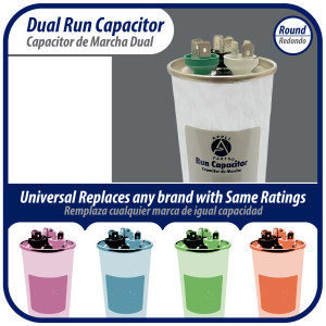 Appli Parts Dual Run Capacitor for ac 45+10 Mfd uF (microfarads) 370VAC or 450VAC Round Universal fit for hvac and other applications 5-3/8 in High 2-1/8 in Wide CON-45/10-450
 Appli Parts Dual Run Capacitor for ac 45+10 Mfd uF (microfarads) 370VAC or 450VAC Round Universal fit for hvac and other applications 5-3/8 in High 2-1/8 in Wide CON-45/10-450