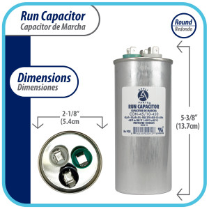 Appli Parts CON-45/10-450 Dual Run Capacitor for ac 45+10 Mfd uF (microfarads) 370VAC or 450VAC Round Universal fit for hvac and other applications 5-3/8 in High 2-1/8 in Wide