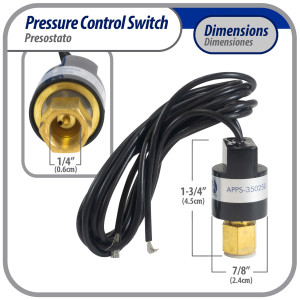 Appli Parts APPS-350250 Hi Pressure control Switch R22, Open 350 psi, Close 250 psi, 40 in Cable, SPST, 1/4 SAE female connection, Automatic Reset, universal replacement for Air Conditioning 