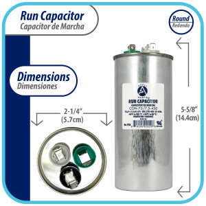 Appli Parts Dual Run Capacitor for ac 75+7.5 Mfd uF (microfarads) 370VAC or 450VAC CBB65 Round Universal fit for hvac and other applications 5-3/4 in High 2-3/8 in Wide CON-75/7.5-450 Appli Parts Dual Run Capacitor for ac 75+7.5 Mfd uF (microfarads) 370VAC or 450VAC CBB65 Round Universal fit for hvac and other applications 5-3/4 in High 2-3/8 in Wide CON-75/7.5-450