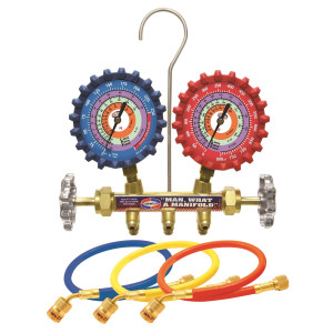 Uniweld QS4L6HEZ 2 Valve Brass Manifold Gauges (R-410a/R-22/R-404a) psi / F, 6ft Soft Barrier Hoses W/ Ez Turn