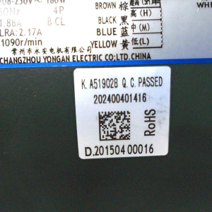 Fan Motor Indoor Unit VRF YSK180-4G YKSS-180-4-2 RoHS 208-230V/60Hz 180W 4p 1.88A LRA 2.17A 1090rpm 202400401416 11002012003696 
Fits: ecox EA5D40C00B